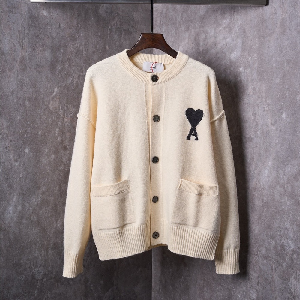 Ami Off-White Cardigan with Black Heart Detail